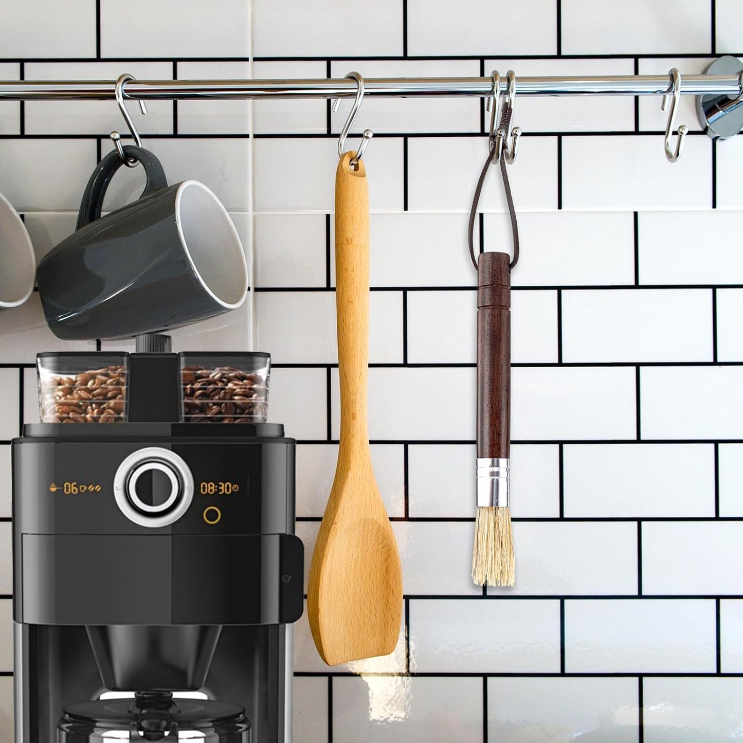 Barista - Brocha De Madera Con Cerdas Naturales, Cepillo Limpieza Para Café, Cepillo Portafiltros, Café Expreso Con Ergonómico (Marrón Oscuro)