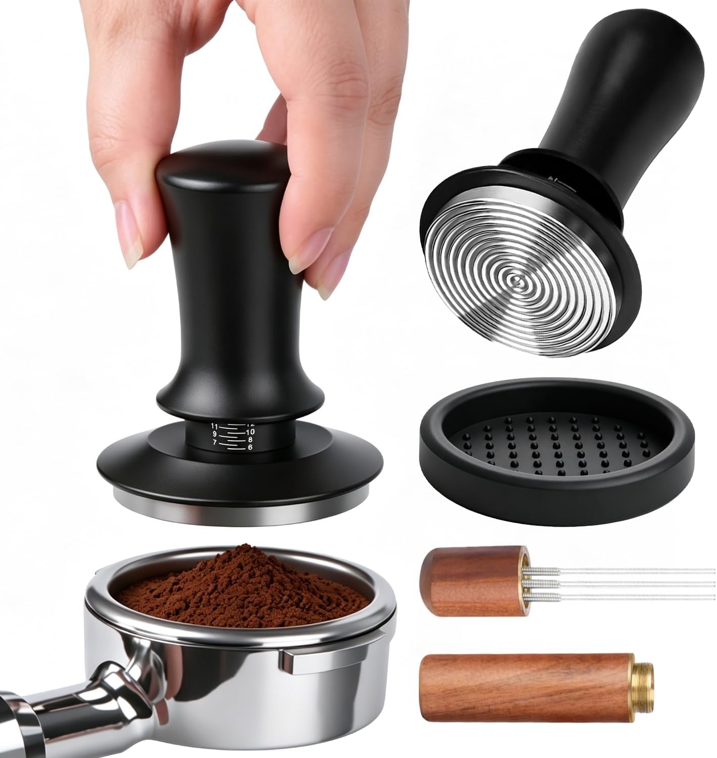 Prensador De Cafe De 58 Mm Con Tamper 58Mm Silicona Station Y Mini Aguja WDT Cafe Base Roscada Y Resorte Ajustable Con Profundidad Ajustable Accesorios Cafetera Kit Para Baristas Caseros Y Cafeterías