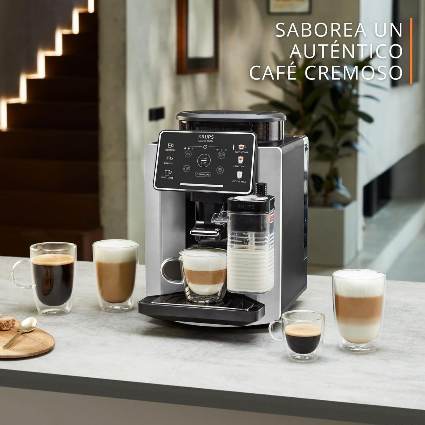 Krups Sensation Milk, Cafetera Superautomática, 6 Bebidas a Base De Café Y Café Con Leche, Tecnología Milk Maestro, Jarra De Leche Integrada, Fácil De Usar, Plateada Y Negra, EA912E10