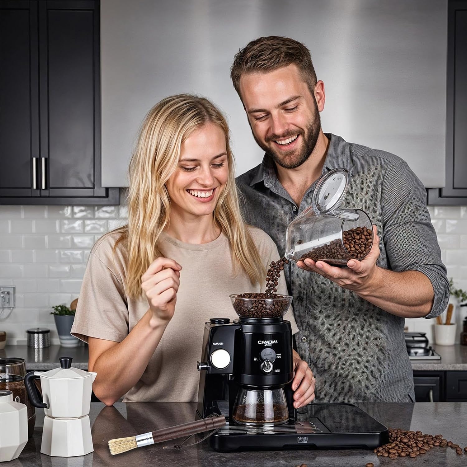 Barista - Brocha De Madera Con Cerdas Naturales, Cepillo Limpieza Para Café, Cepillo Portafiltros, Café Expreso Con Ergonómico (Marrón Oscuro)
