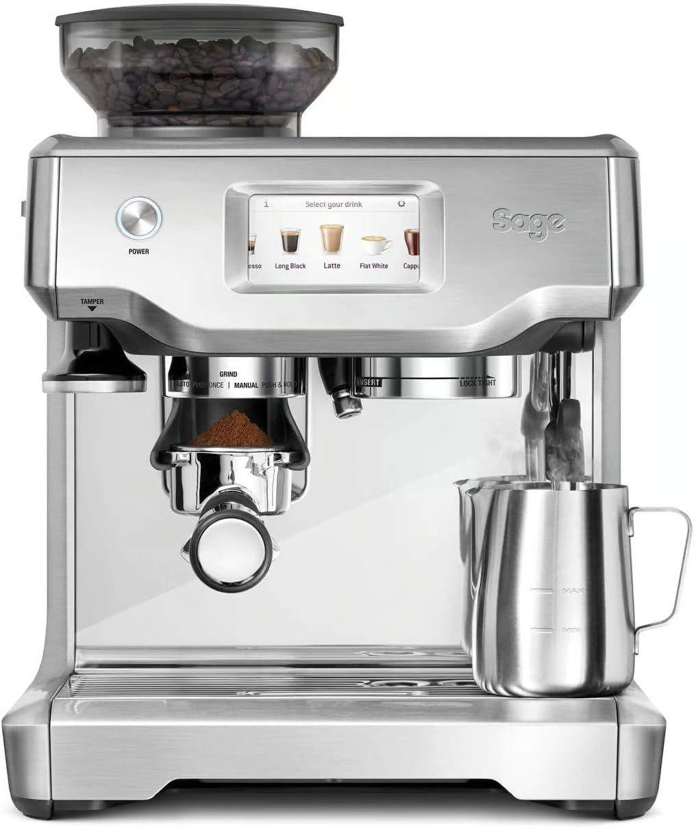 Sage - the Barista Touch -Cafetera Profesional Con Pantalla Táctil, Molinillo Incorporado Y Espumador De Leche -Prensador Extraíble, 5 Preajustes - Máquina De Café Espress - Acero Inoxidable Cepillado