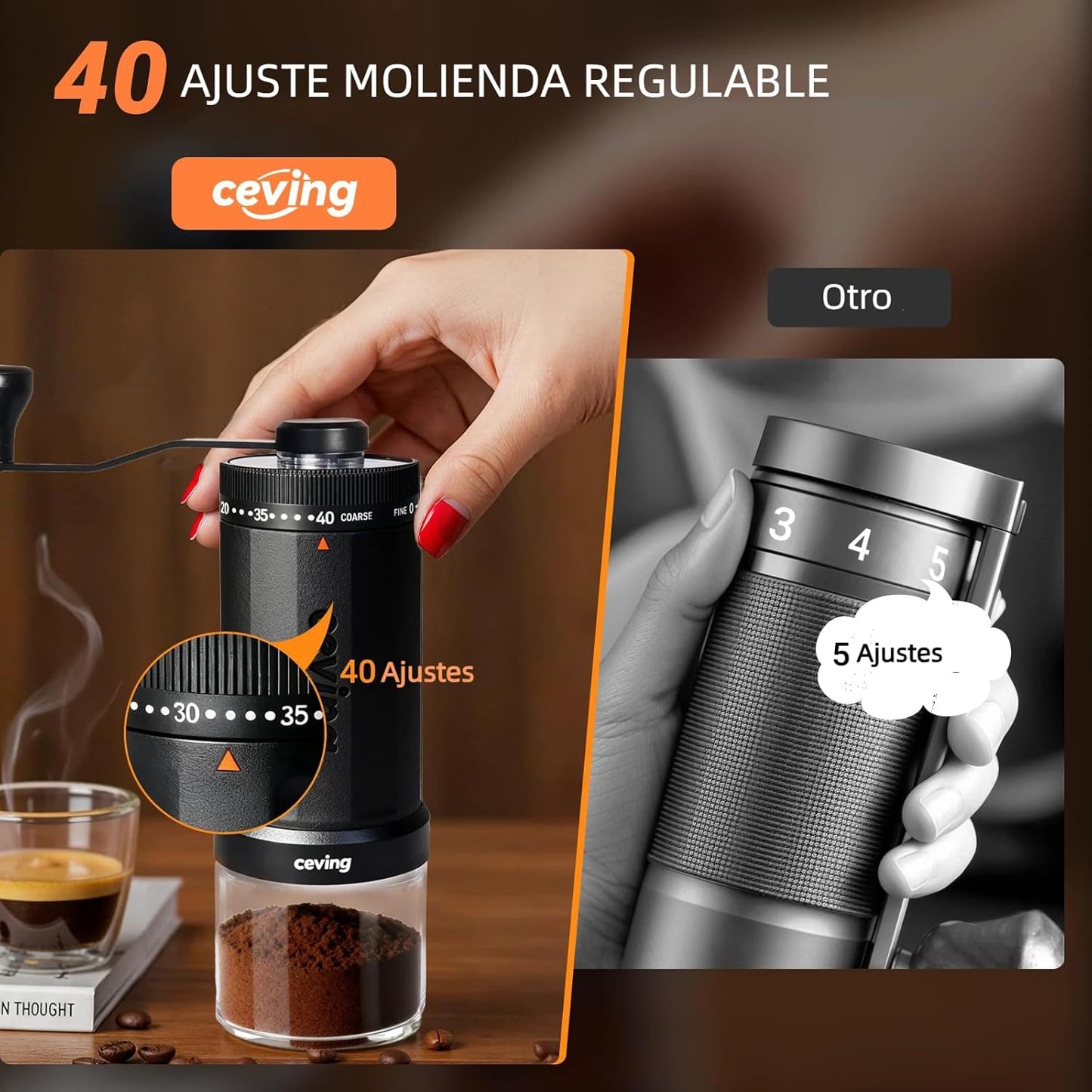 Primer Molinillo De Café Manual Del Mundo Con Capacidad Para 60G, Molino Cafe Manual Portátil Con Ajustes De 40 Niveles Y Muelas Cónicas De Cerámica Para Espresso, Pour Over, Camping, Viajes, Regalo
