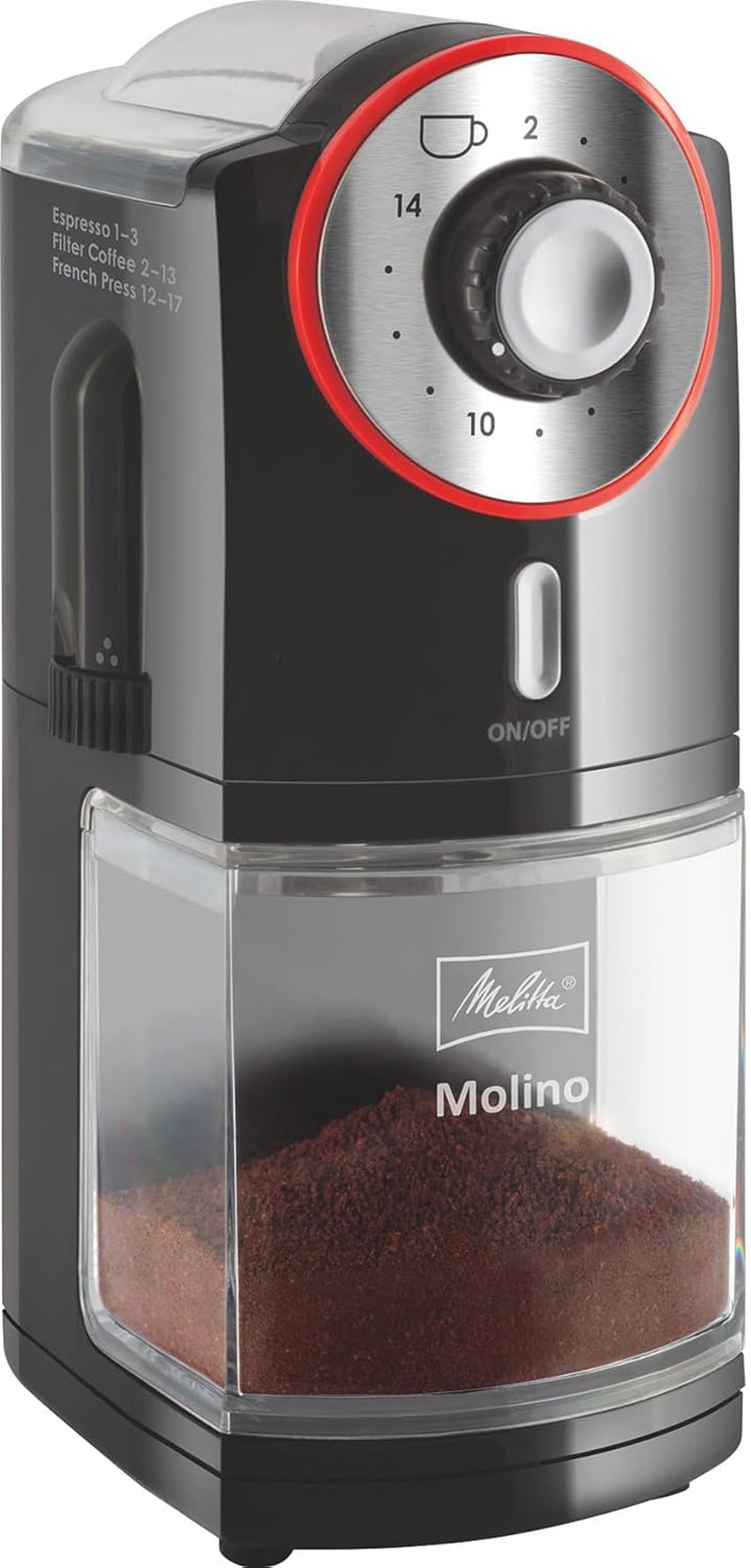 Melitta, Molinillo De Café Molino, 1019-01, Molinillo De Café Eléctrico, Disco De Molienda Plano, Negro/Rojo