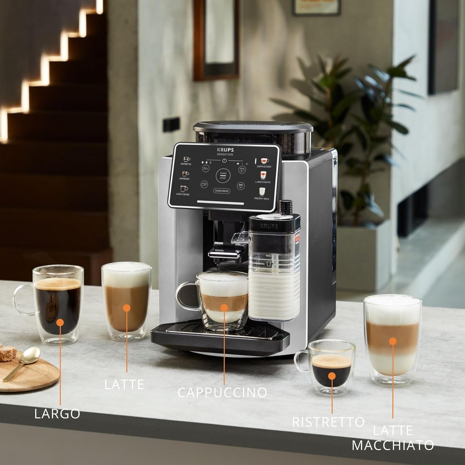 Krups Sensation Milk, Cafetera Superautomática, 6 Bebidas a Base De Café Y Café Con Leche, Tecnología Milk Maestro, Jarra De Leche Integrada, Fácil De Usar, Plateada Y Negra, EA912E10