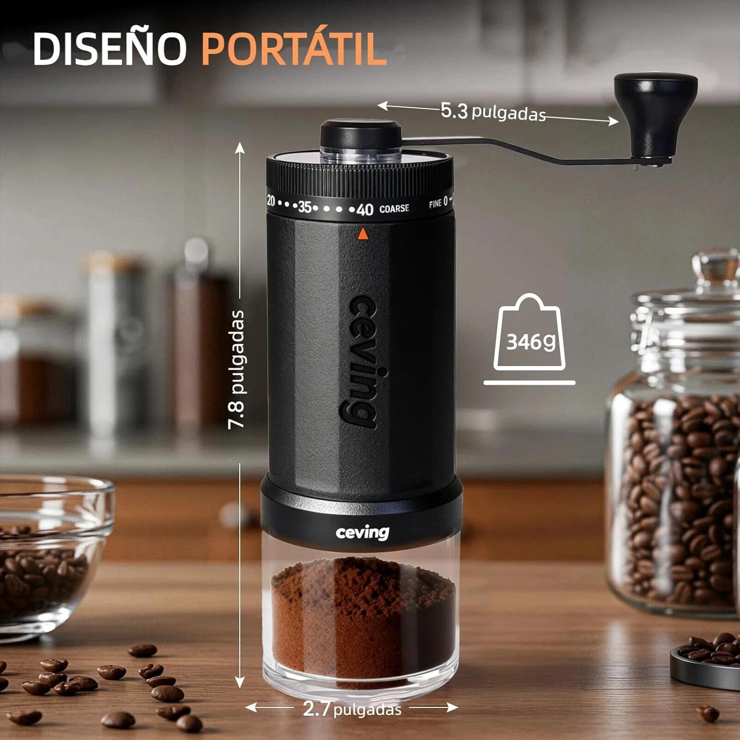 Primer Molinillo De Café Manual Del Mundo Con Capacidad Para 60G, Molino Cafe Manual Portátil Con Ajustes De 40 Niveles Y Muelas Cónicas De Cerámica Para Espresso, Pour Over, Camping, Viajes, Regalo
