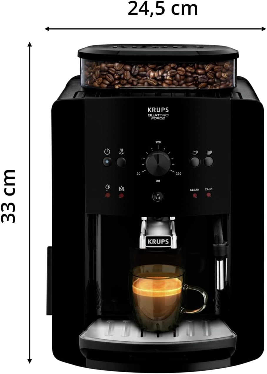 Krups Roma, Cafetera Superautomática, Depósito De Agua 1,7 L, 3 Niveles De Temperatura, 3 Niveles De Intensidad, 15 Bares, Molinillo Cónico De Metal, Panel De Control Fácil, Negra, EA810870