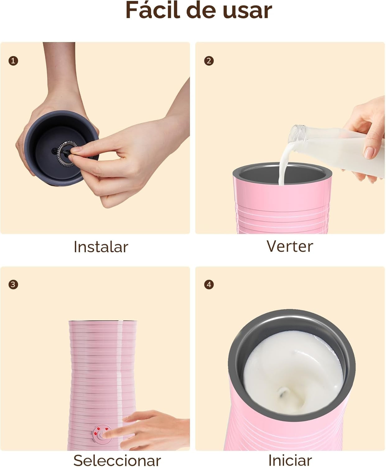 Espumador De Leche Eléctrico​4 En 1, Morpilot ​​Calentador De Leche​​ Para Espuma Fría/Caliente, Ideal Para Cappuccino, Latte Y Leche Caliente, 240Ml, Rosa