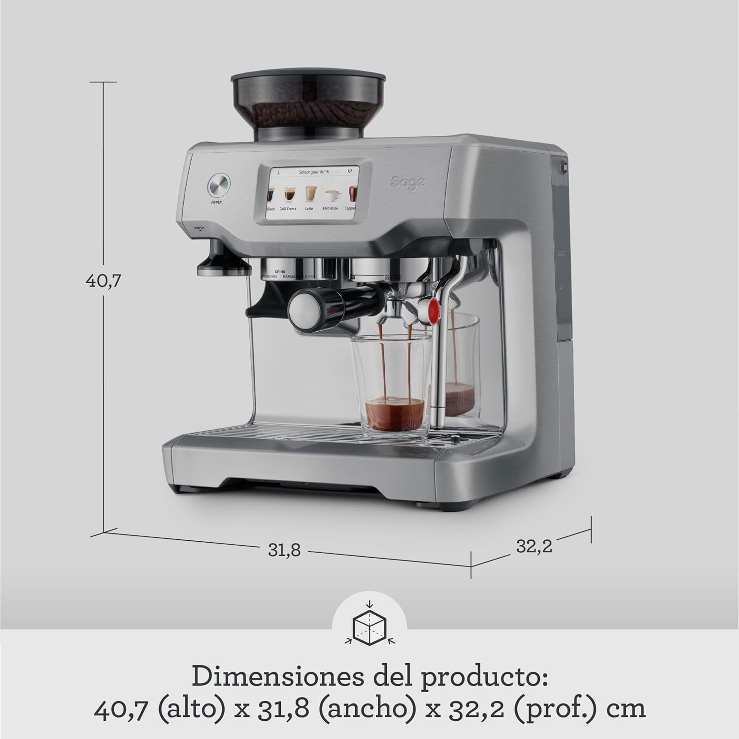 Sage - the Barista Touch -Cafetera Profesional Con Pantalla Táctil, Molinillo Incorporado Y Espumador De Leche -Prensador Extraíble, 5 Preajustes - Máquina De Café Espress - Acero Inoxidable Cepillado