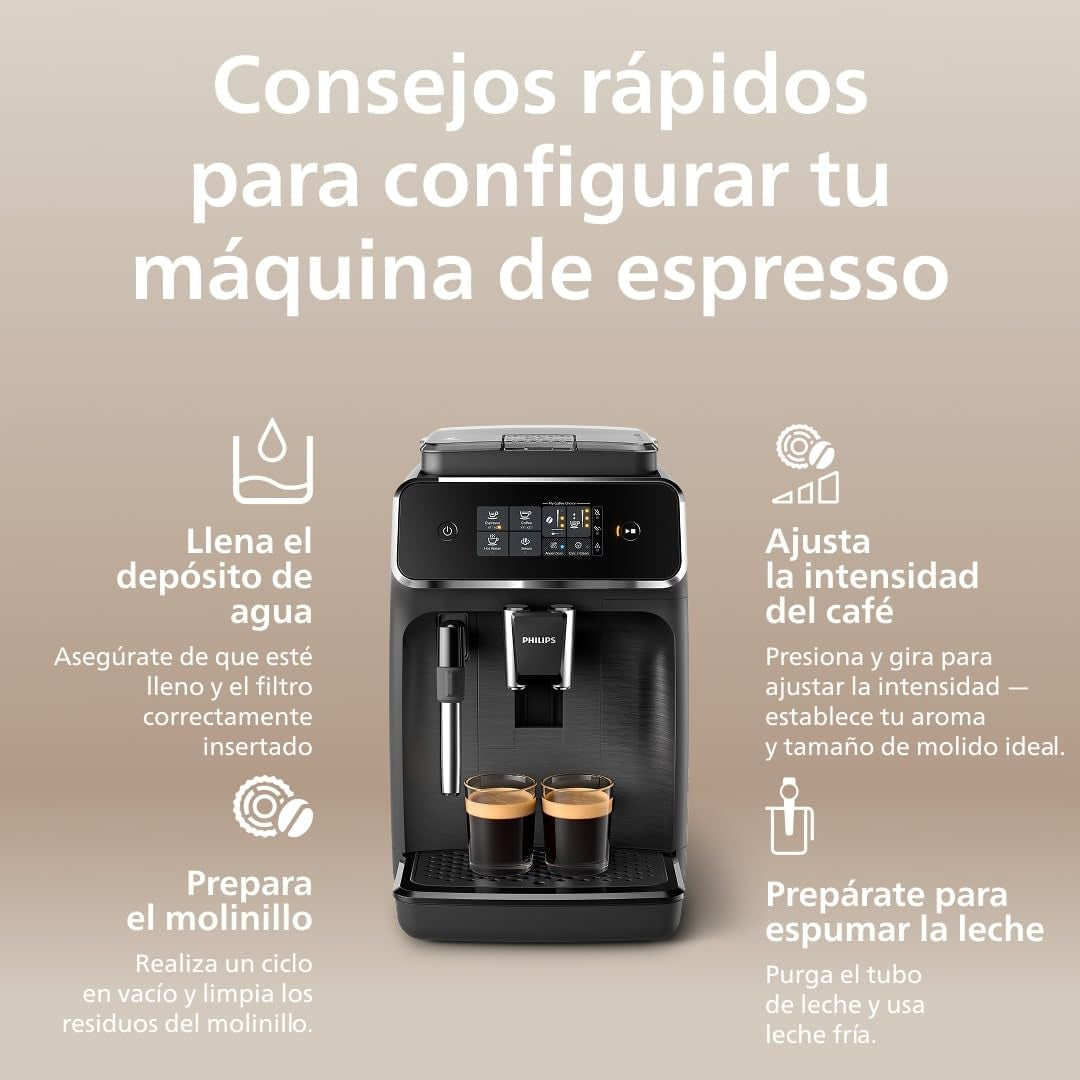 Philips Serie 2200 Cafetera Espresso Automática - 2 Cafés, Pantalla Táctil, Espumador De Leche Clásico, Molinillo Cerámico, Negro Mate (EP2220/10)