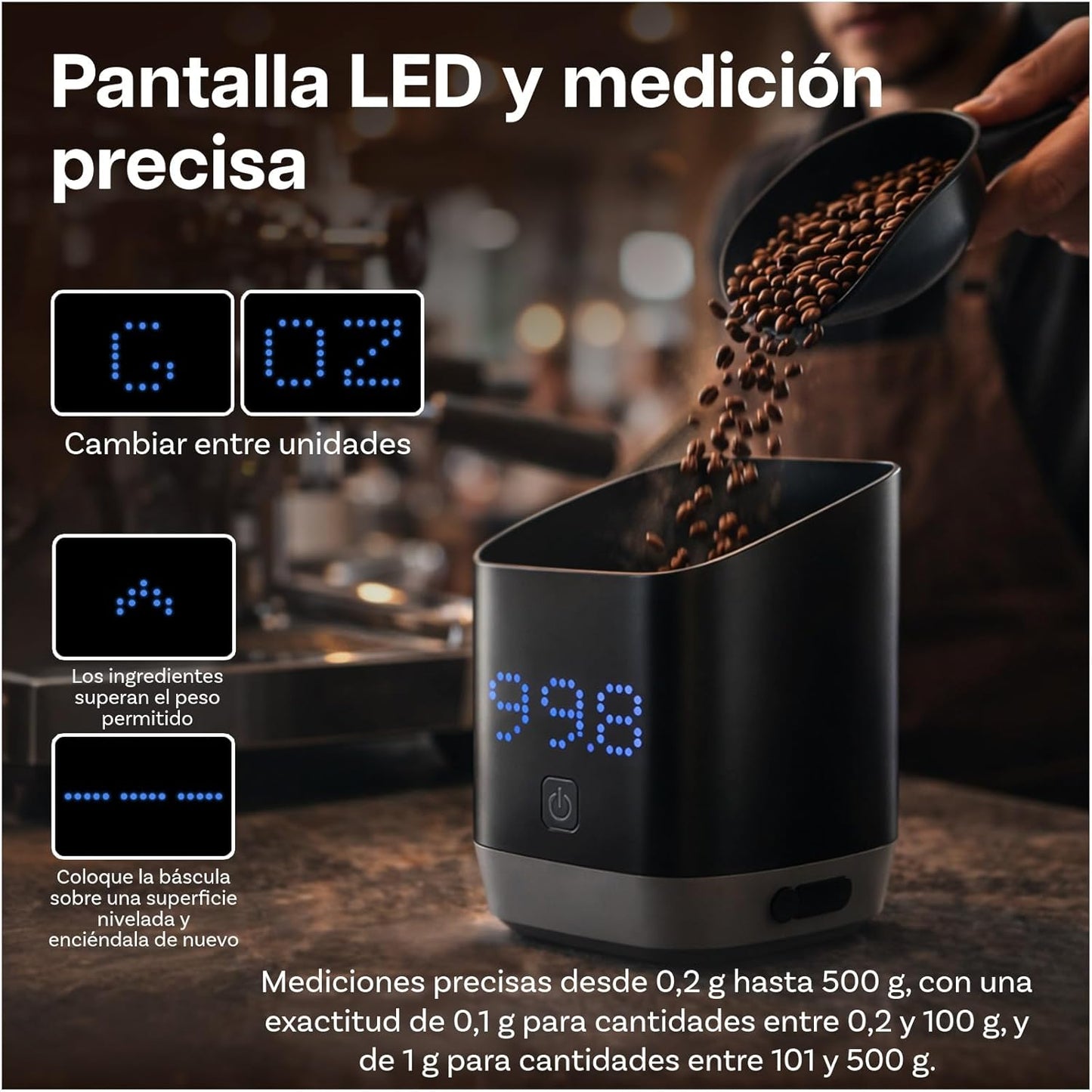 Báscula Café Digital Con Pantalla LED De MMOBIEL – Balanza Precisión 0.1G/1G Para Espresso, Pour-Over, Café Filtrado Y Más – Recargable USB-C Y Compacta – Accesorios Para Baristas En Casa