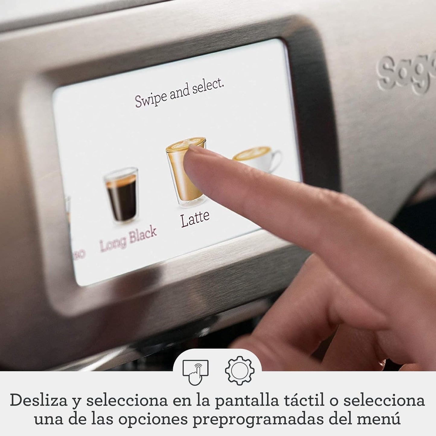 Sage - the Barista Touch -Cafetera Profesional Con Pantalla Táctil, Molinillo Incorporado Y Espumador De Leche -Prensador Extraíble, 5 Preajustes - Máquina De Café Espress - Acero Inoxidable Cepillado