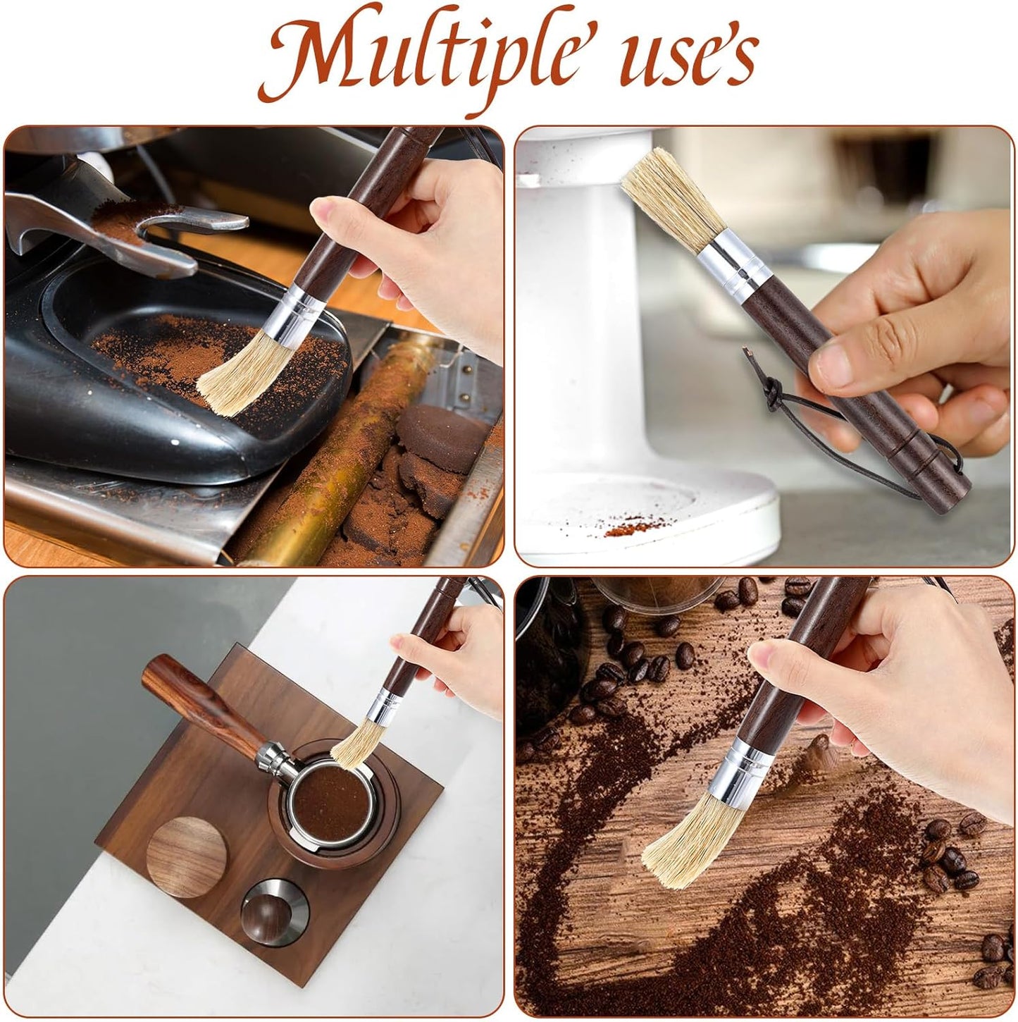 Barista - Brocha De Madera Con Cerdas Naturales, Cepillo Limpieza Para Café, Cepillo Portafiltros, Café Expreso Con Ergonómico (Marrón Oscuro)