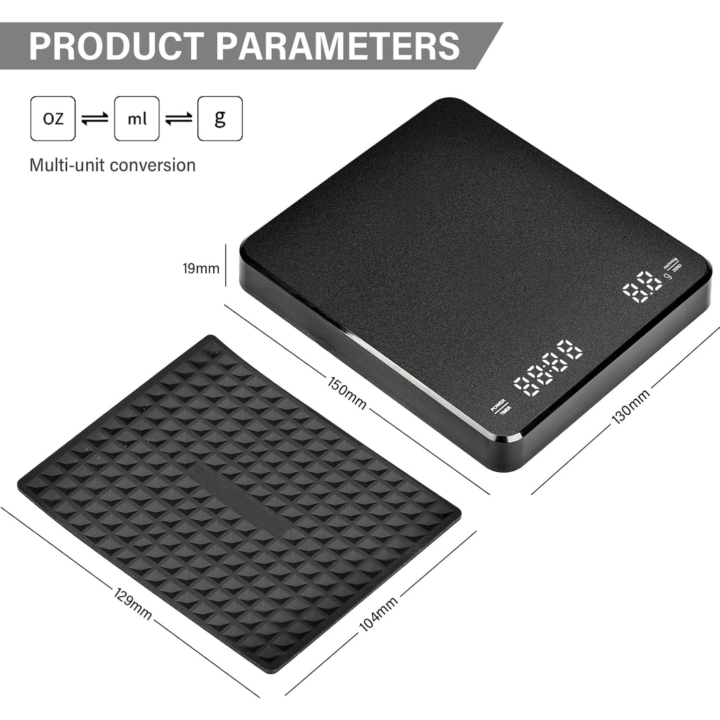 Báscula De Café Digital Con Temporizador 3 Types D'Unités Recargable Báscula Café Báscula De Cocina Digital USB Báscula De Cocina Digital Multifuncional Recargable Max 3Kg Negro