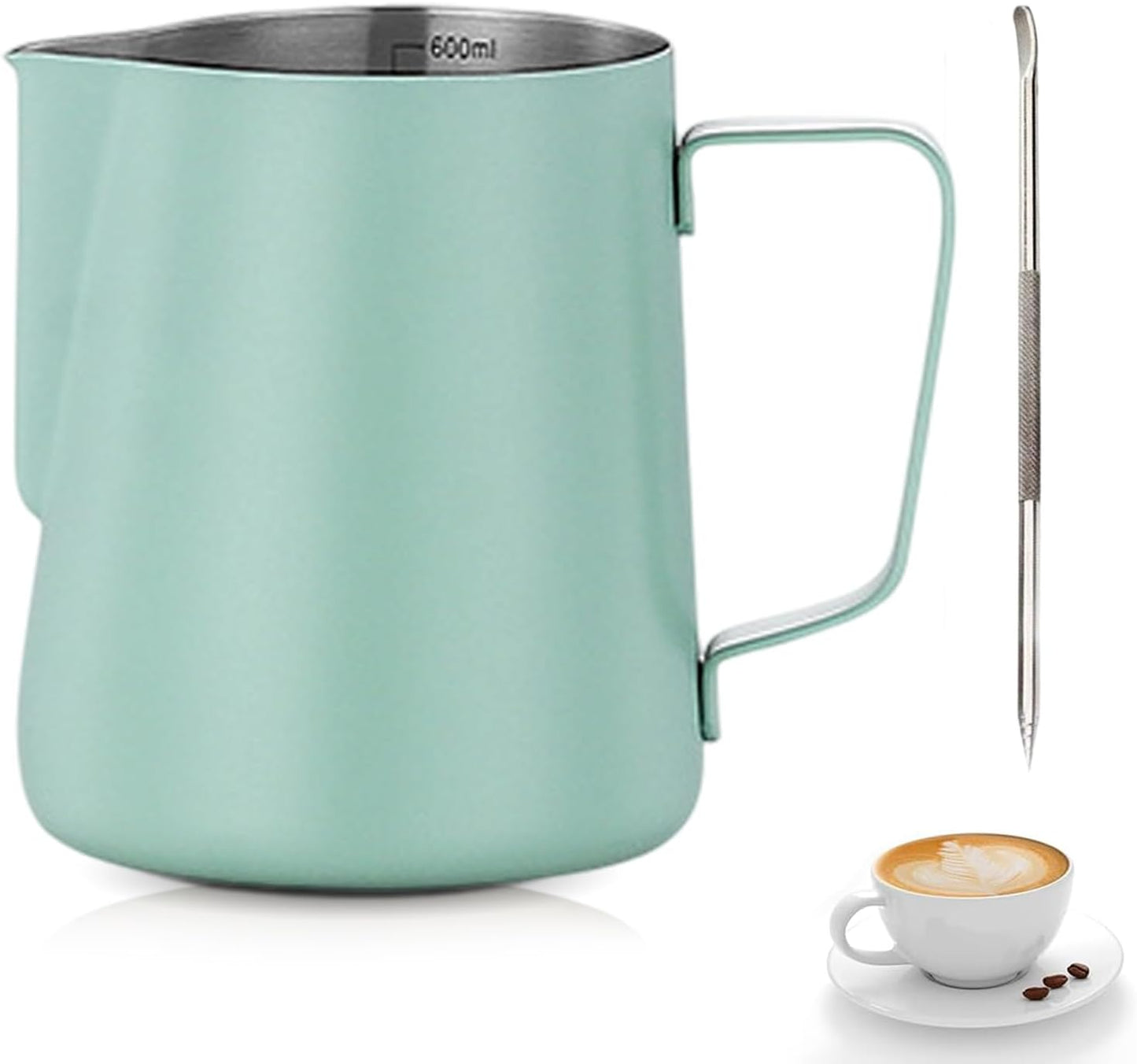 Jarra De Leche Acero Inoxidable, Jarra Leche Cafetera Barista Taza De Espumador Con Marca De Medición Y Lápiz Artístico Para De Café De Mano Y Latte Art Capuchino 350Ml (Verde)