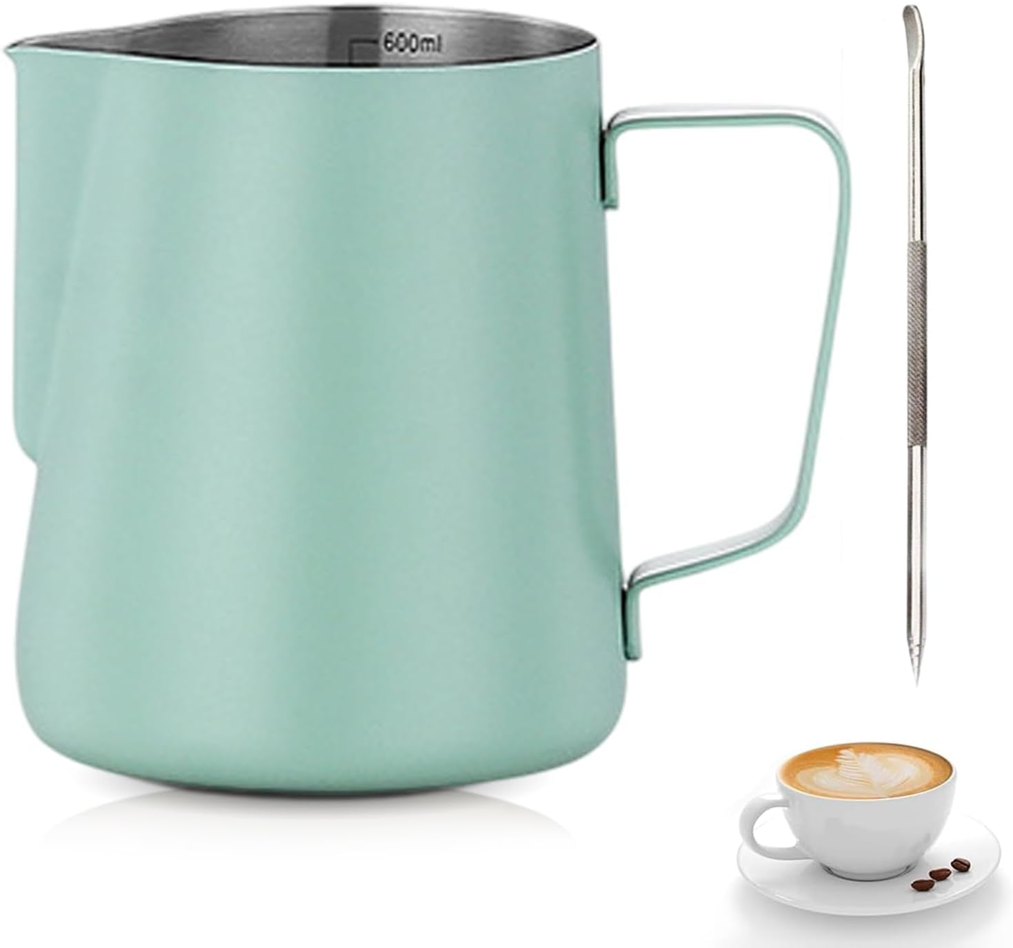 Jarra De Leche Acero Inoxidable, Jarra Leche Cafetera Barista Taza De Espumador Con Marca De Medición Y Lápiz Artístico Para De Café De Mano Y Latte Art Capuchino 350Ml (Verde)