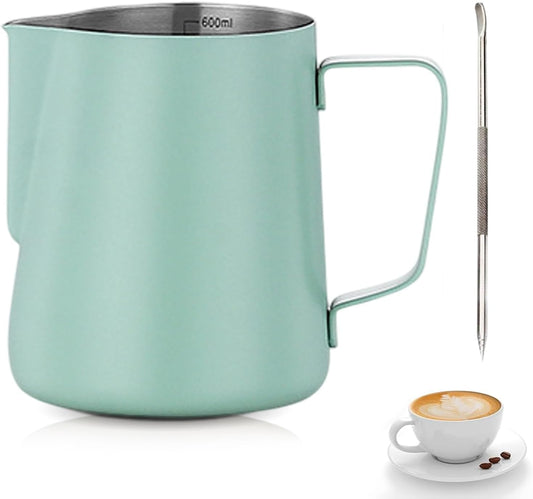 Jarra De Leche Acero Inoxidable, Jarra Leche Cafetera Barista Taza De Espumador Con Marca De Medición Y Lápiz Artístico Para De Café De Mano Y Latte Art Capuchino 350Ml (Verde)