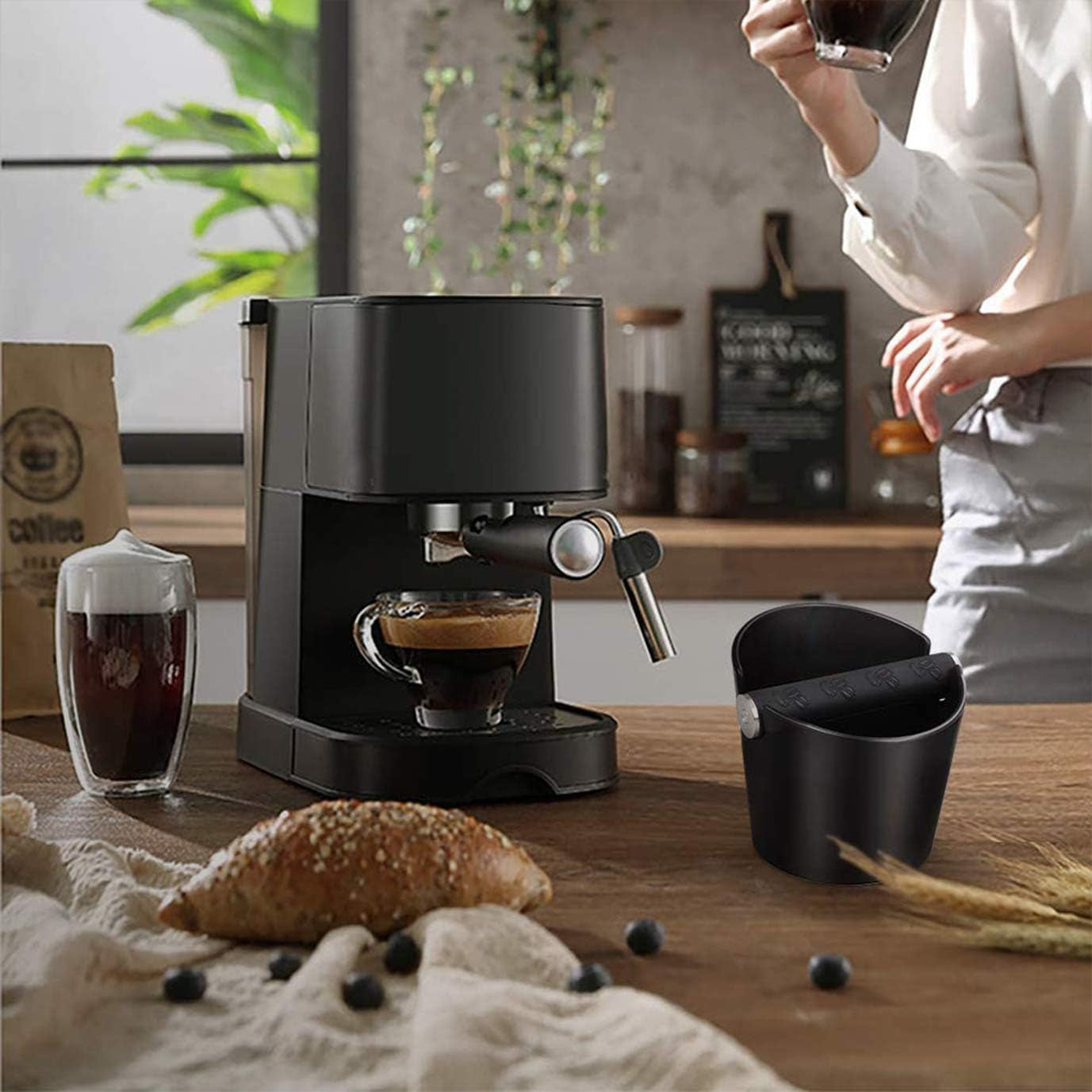 Coffee Knock Box Posos Cafe Cajon Para Posos De Cafe Caja De Posos De Café Barista Absorbente De Golpes Con Barra De Golpe De Metal Extraíble Y Base Antideslizante (Negro)
