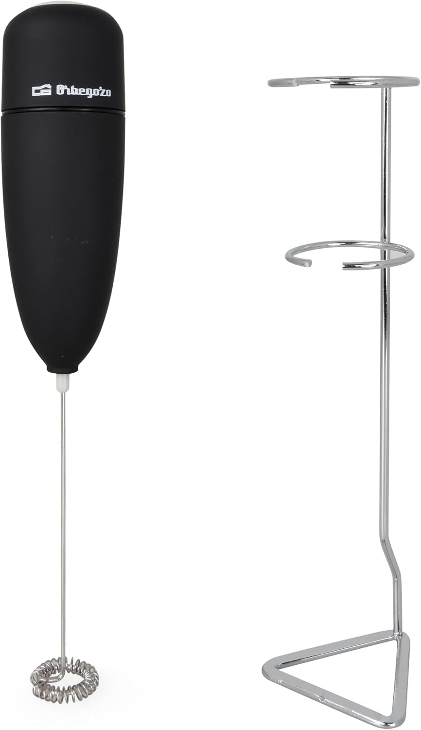 Orbegozo MN 3800 Espumador De Leche Eléctrico a Pilas 2Xaa, Batidora Para Café Y Capuccino, Leche Espumosa En Segundos, Tacto Suave, Fácil Limpieza, Incluye Soporte, Negro