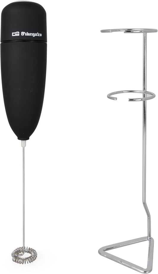 Orbegozo MN 3800 Espumador De Leche Eléctrico a Pilas 2Xaa, Batidora Para Café Y Capuccino, Leche Espumosa En Segundos, Tacto Suave, Fácil Limpieza, Incluye Soporte, Negro