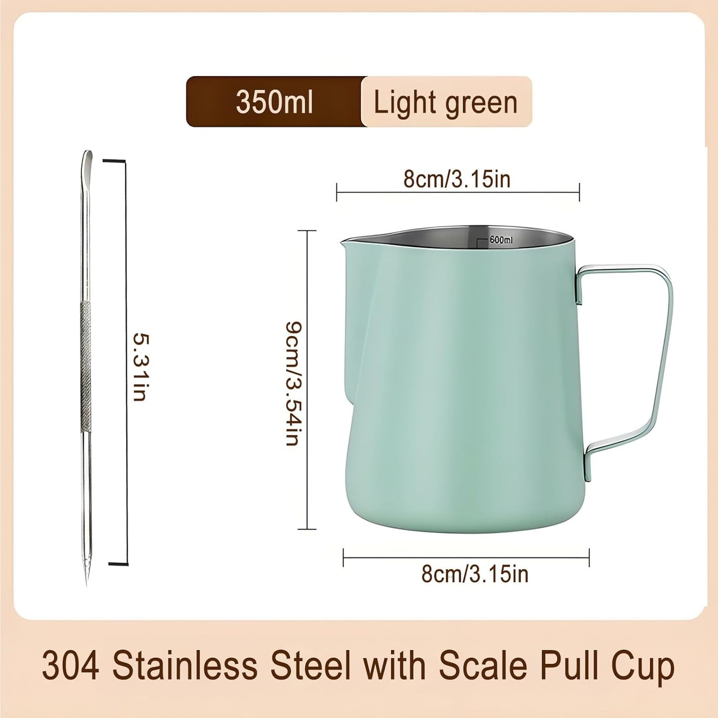 Jarra De Leche Acero Inoxidable, Jarra Leche Cafetera Barista Taza De Espumador Con Marca De Medición Y Lápiz Artístico Para De Café De Mano Y Latte Art Capuchino 350Ml (Verde)