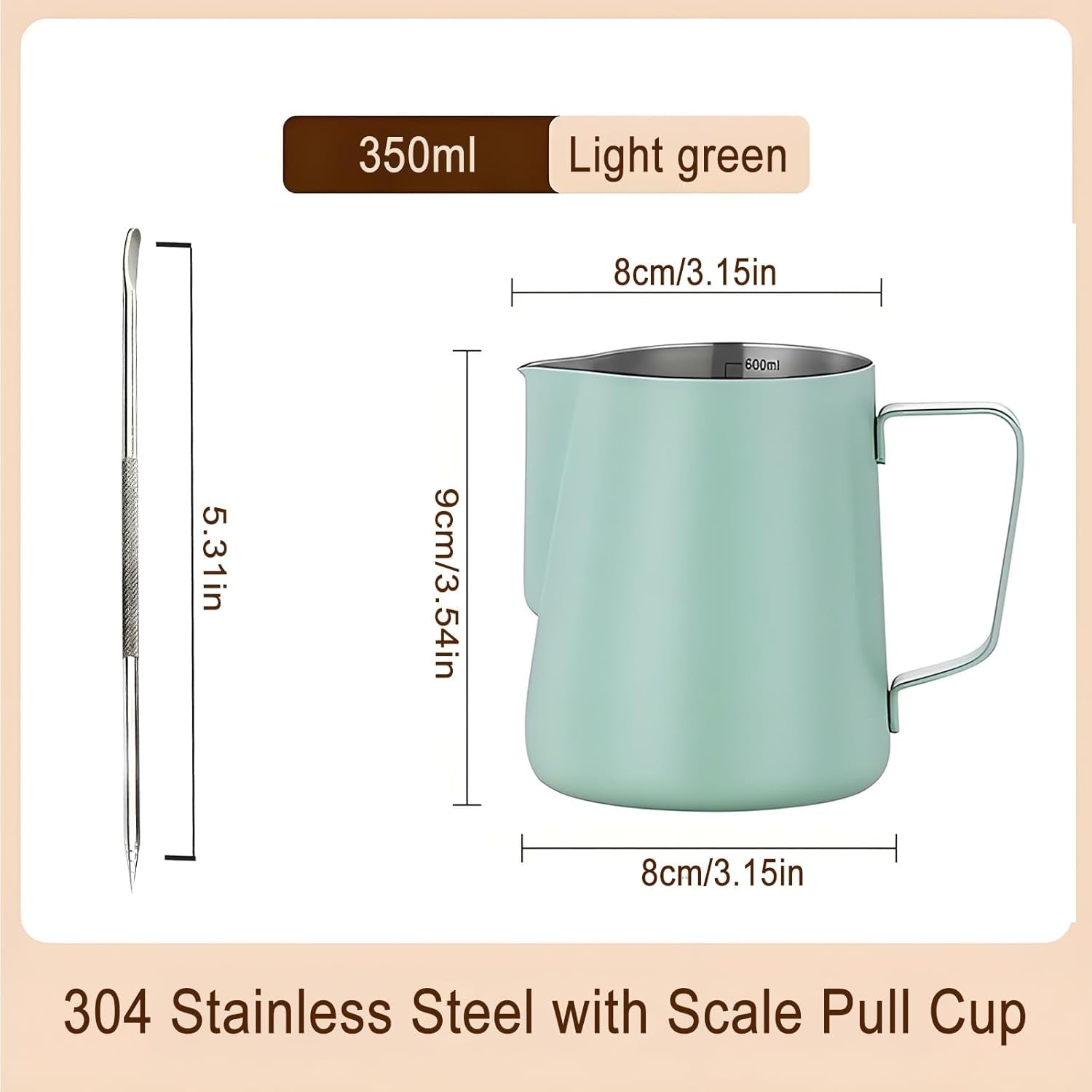 Jarra De Leche Acero Inoxidable, Jarra Leche Cafetera Barista Taza De Espumador Con Marca De Medición Y Lápiz Artístico Para De Café De Mano Y Latte Art Capuchino 350Ml (Verde)