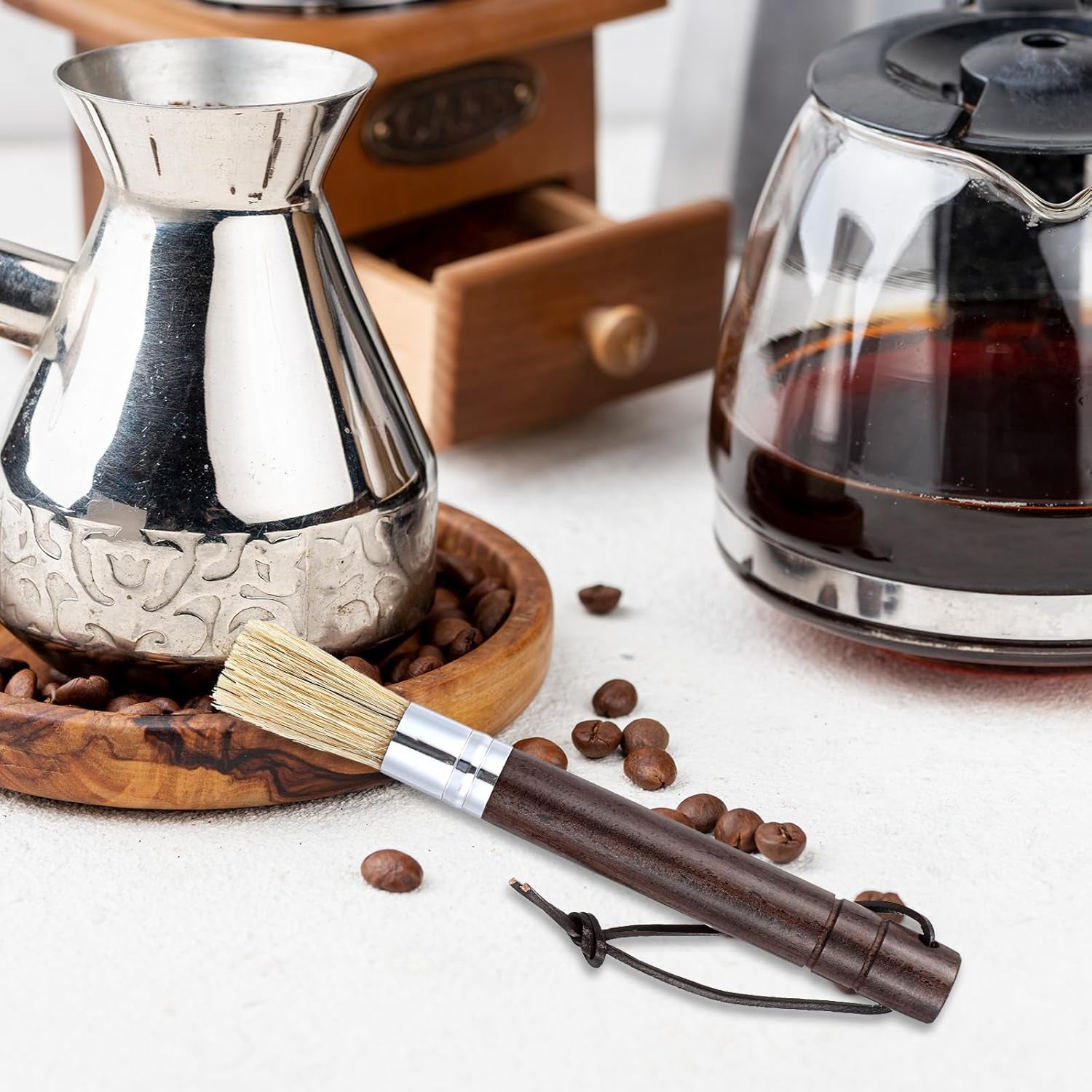 Barista - Brocha De Madera Con Cerdas Naturales, Cepillo Limpieza Para Café, Cepillo Portafiltros, Café Expreso Con Ergonómico (Marrón Oscuro)
