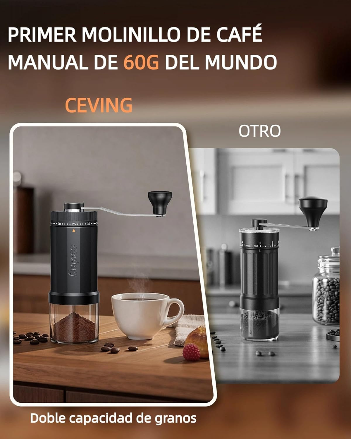 Primer Molinillo De Café Manual Del Mundo Con Capacidad Para 60G, Molino Cafe Manual Portátil Con Ajustes De 40 Niveles Y Muelas Cónicas De Cerámica Para Espresso, Pour Over, Camping, Viajes, Regalo