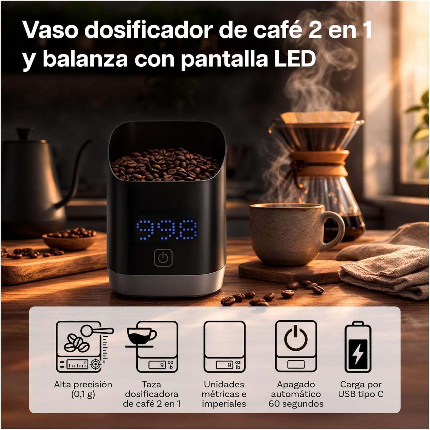Báscula Café Digital Con Pantalla LED De MMOBIEL – Balanza Precisión 0.1G/1G Para Espresso, Pour-Over, Café Filtrado Y Más – Recargable USB-C Y Compacta – Accesorios Para Baristas En Casa