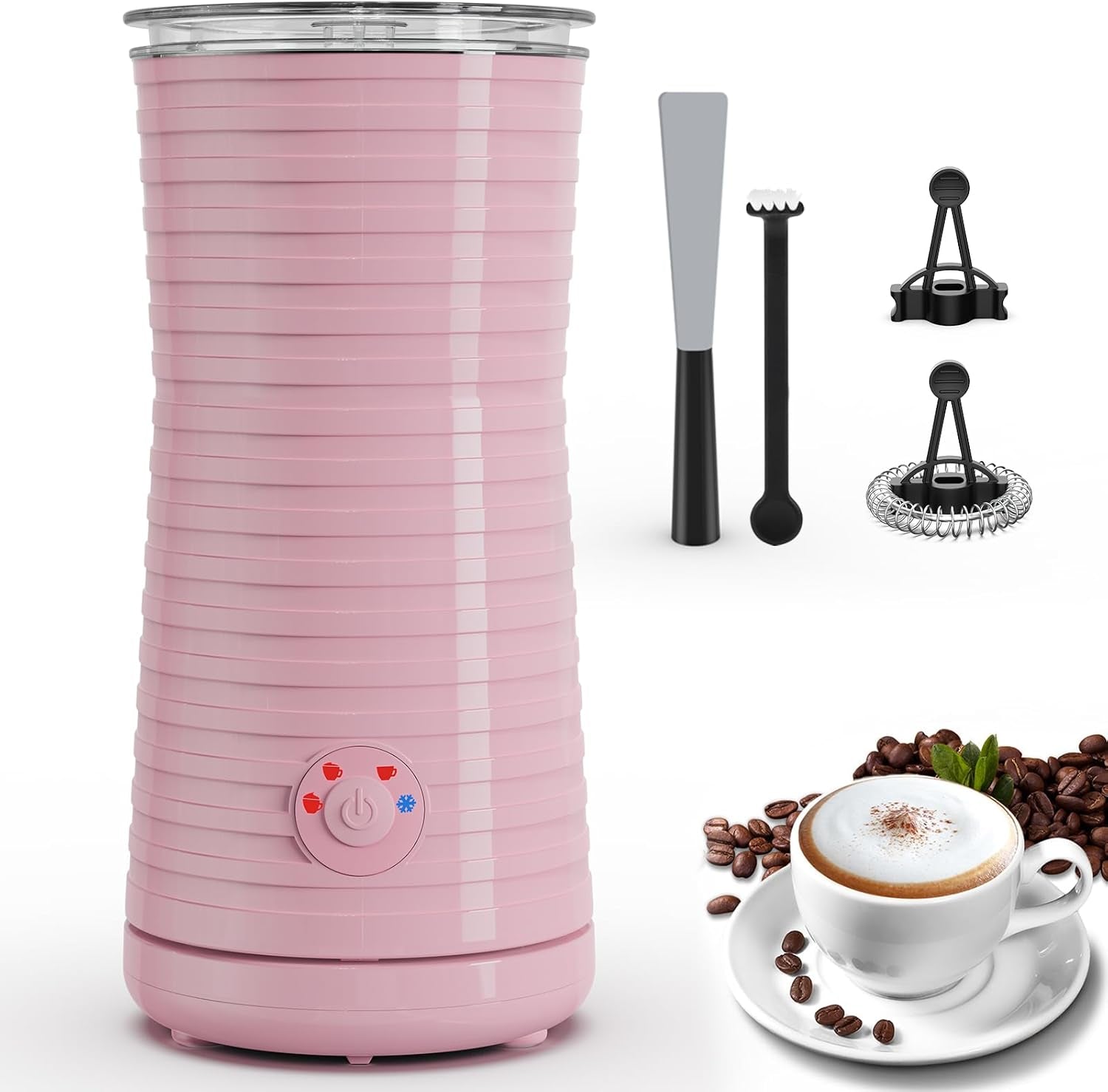 Espumador De Leche Eléctrico​4 En 1, Morpilot ​​Calentador De Leche​​ Para Espuma Fría/Caliente, Ideal Para Cappuccino, Latte Y Leche Caliente, 240Ml, Rosa