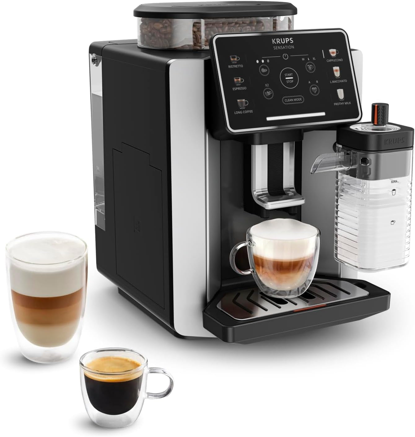 Krups Sensation Milk, Cafetera Superautomática, 6 Bebidas a Base De Café Y Café Con Leche, Tecnología Milk Maestro, Jarra De Leche Integrada, Fácil De Usar, Plateada Y Negra, EA912E10
