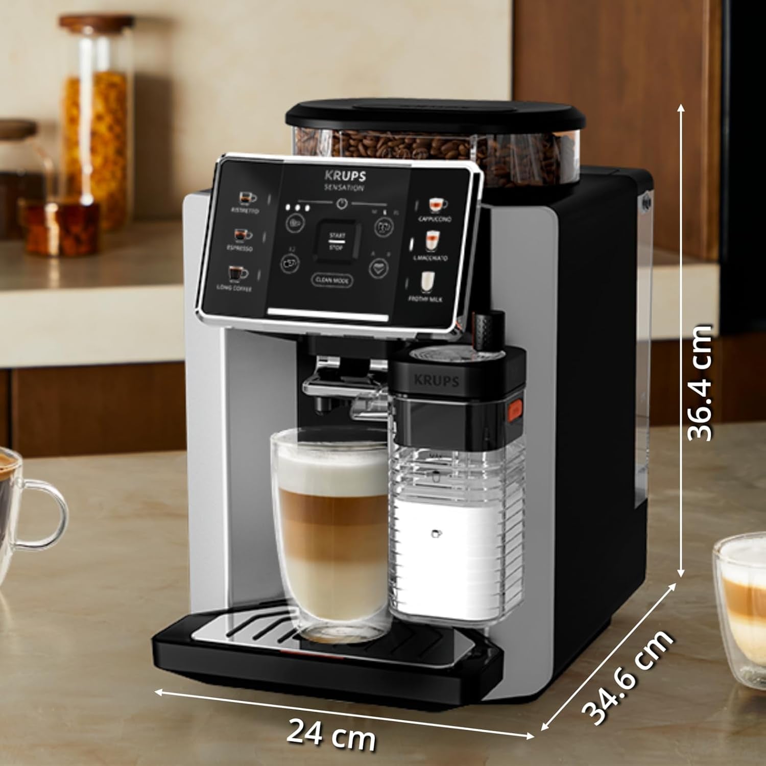 Krups Sensation Milk, Cafetera Superautomática, 6 Bebidas a Base De Café Y Café Con Leche, Tecnología Milk Maestro, Jarra De Leche Integrada, Fácil De Usar, Plateada Y Negra, EA912E10