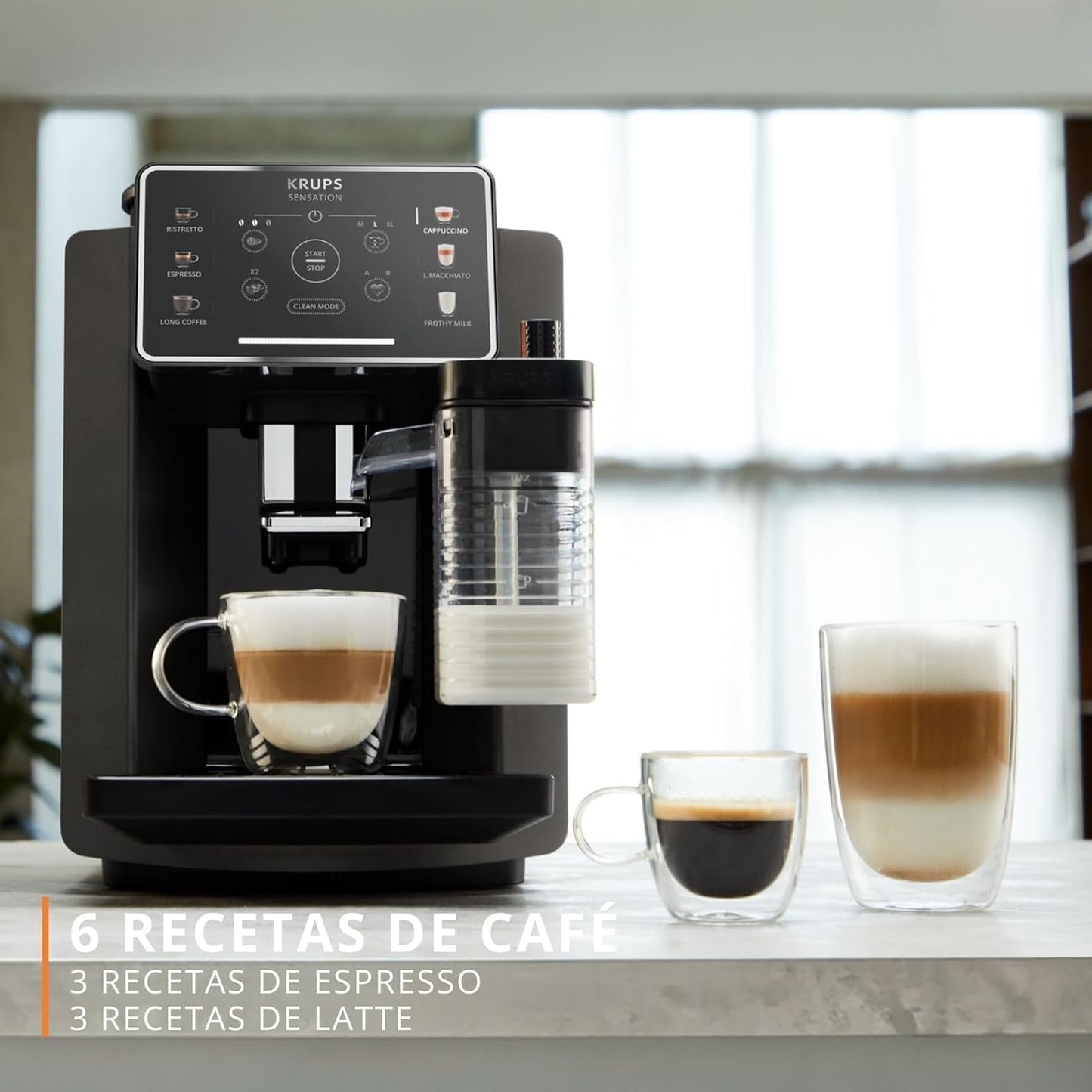 Krups Sensation Milk, Cafetera Superautomática, 6 Bebidas a Base De Café Y Café Con Leche, Tecnología Milk Maestro, Jarra De Leche Integrada, Fácil De Usar, Plateada Y Negra, EA912E10
