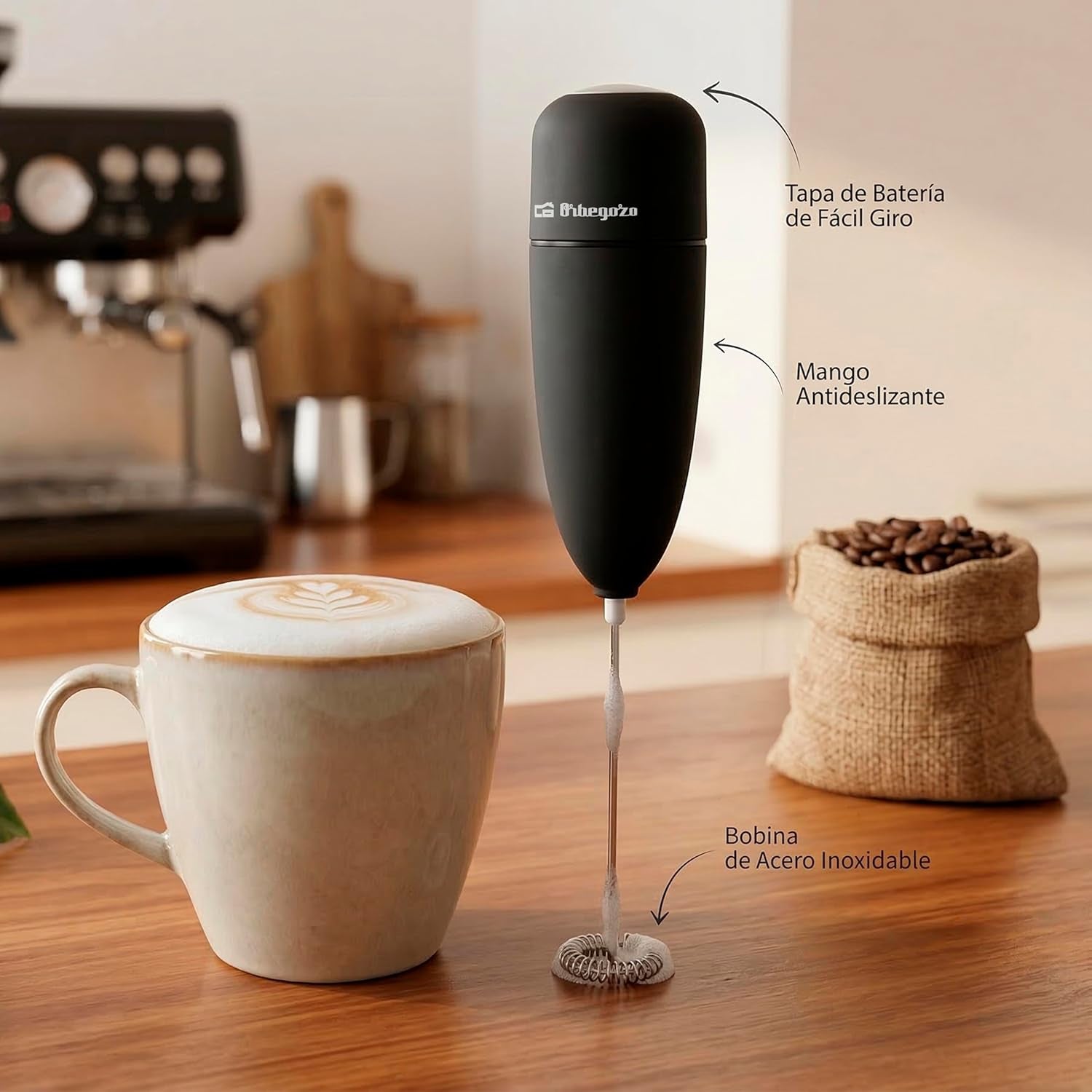 Orbegozo MN 3800 Espumador De Leche Eléctrico a Pilas 2Xaa, Batidora Para Café Y Capuccino, Leche Espumosa En Segundos, Tacto Suave, Fácil Limpieza, Incluye Soporte, Negro