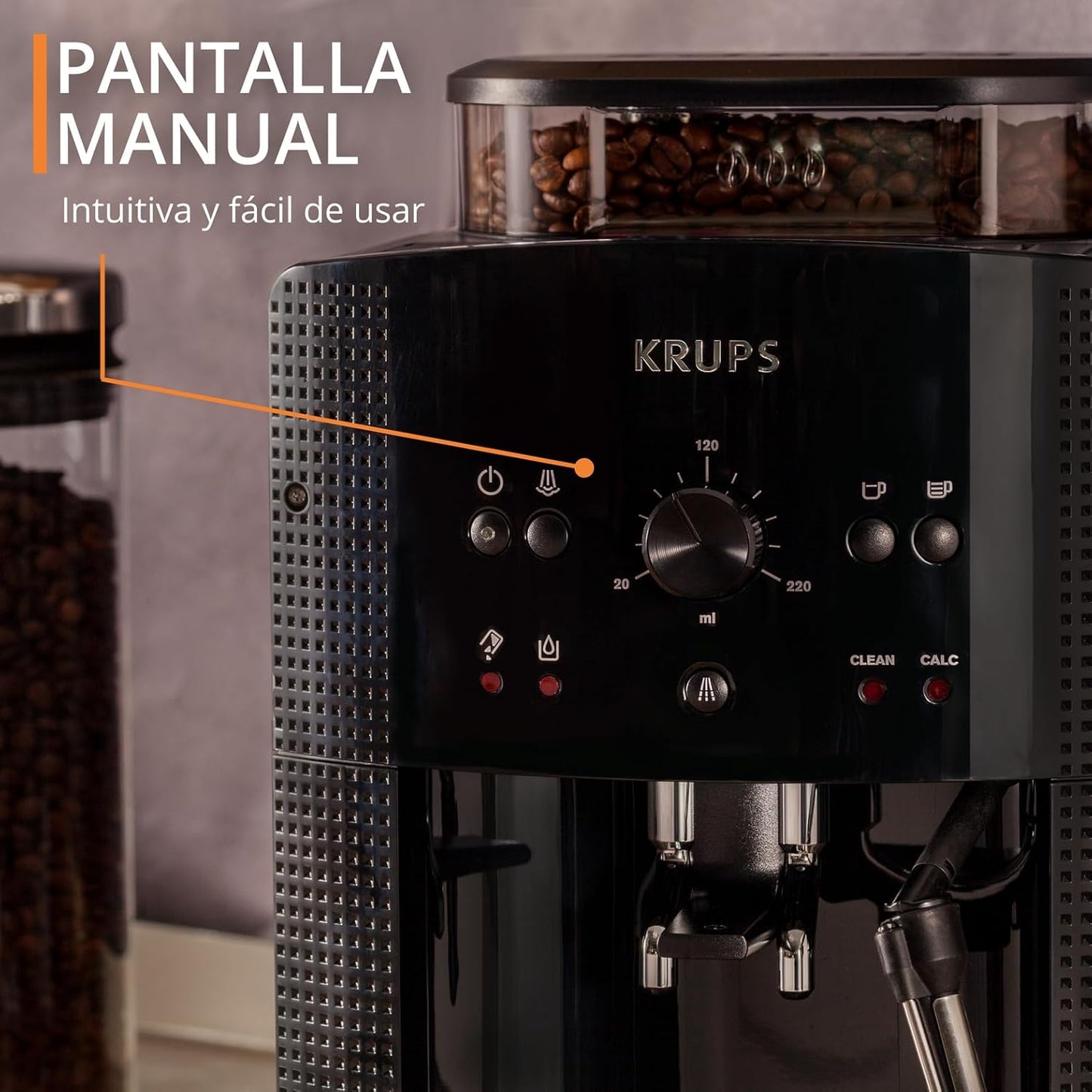 Krups Roma, Cafetera Superautomática, Depósito De Agua 1,7 L, 3 Niveles De Temperatura, 3 Niveles De Intensidad, 15 Bares, Molinillo Cónico De Metal, Panel De Control Fácil, Negra, EA810870