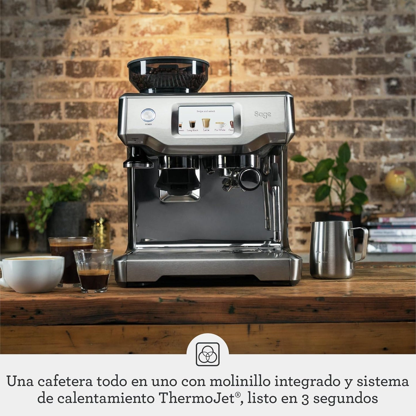 Sage - the Barista Touch -Cafetera Profesional Con Pantalla Táctil, Molinillo Incorporado Y Espumador De Leche -Prensador Extraíble, 5 Preajustes - Máquina De Café Espress - Acero Inoxidable Cepillado
