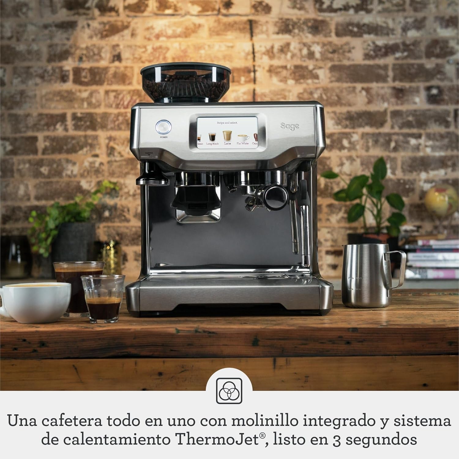 Sage - the Barista Touch -Cafetera Profesional Con Pantalla Táctil, Molinillo Incorporado Y Espumador De Leche -Prensador Extraíble, 5 Preajustes - Máquina De Café Espress - Acero Inoxidable Cepillado